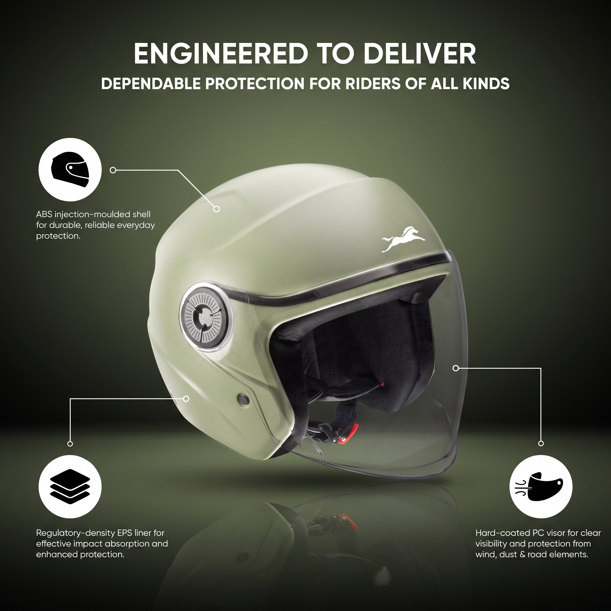 TVS Ace ISI Certified Open Face Matte Finish Helmet with Full Coverage Visor for Men and Women | Available in Eight Colors